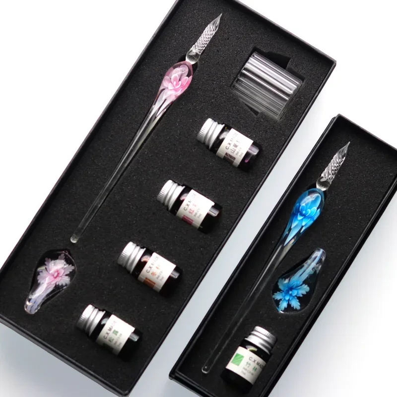 

Embedded Flower Glass Pen Set Starry Sky Gold Powder Color Ink Dip in Water Pen Gift Box for Friends and Students as Gift Pen