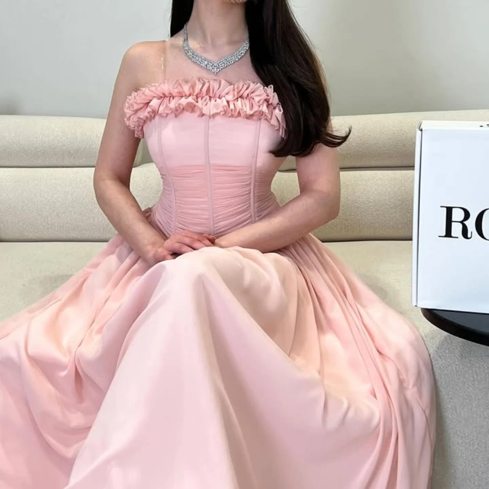 Rosa ärmellose, trägerlose, knöchellange Chiffon-Plissee-Kleider für Geburtstagsfeiern, süßer Stil, Abendkleider mit Reißverschluss hinten, individuell gestaltet
