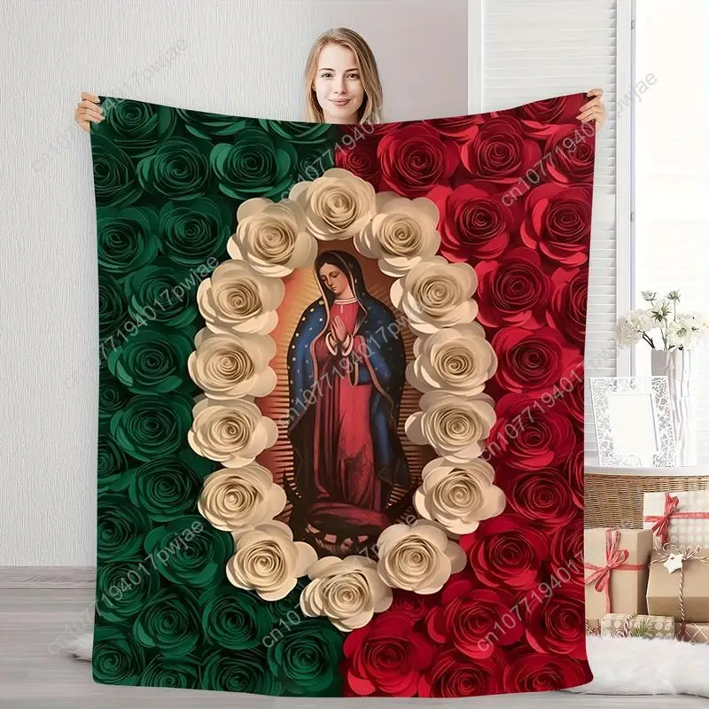 Virgin Mary and Rose Flannel Blanket Comfortable All-Season Bedding Suitable for Napping Camping Travel Custom Blankets