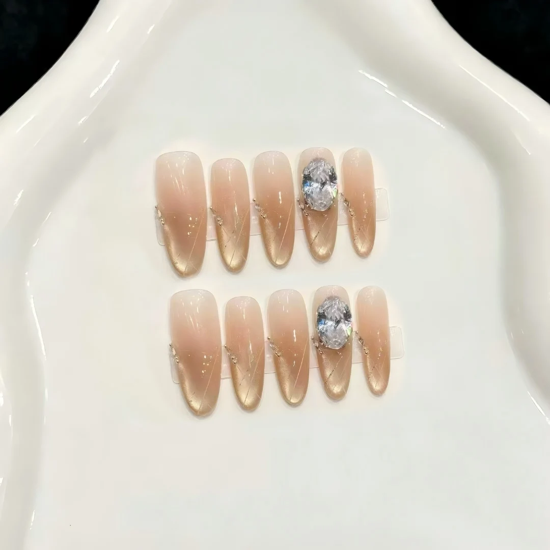 10 PCS Luxury Handmade Press on Nails Long Oval Caramel broken diamond Design with 3-PIECE Tool Adhesive Nail Glue Tabs