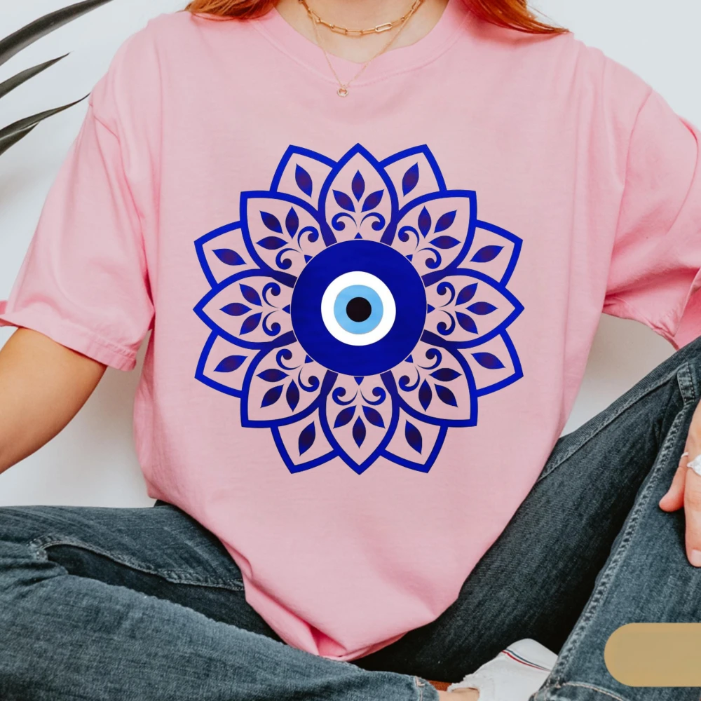 Mandala Evil Eye Graphic Tee Floral Spiritual Protection Boho Women Trendy Tops Turkish Nazar Boncugu Amulet Cultural Cotton Tee