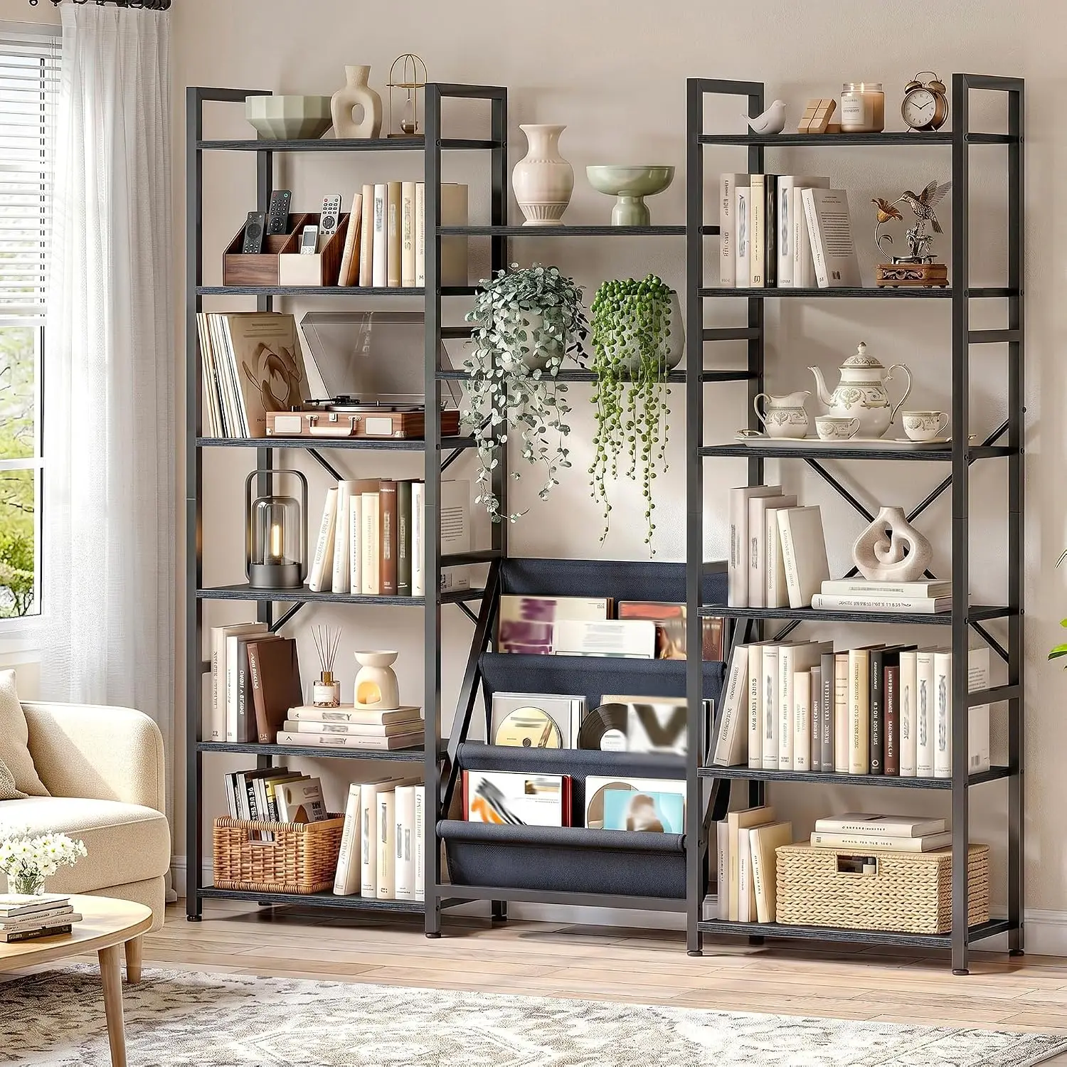 6 Tier 3 Column Book Shelf with Storage Bags, Industrial Display Etagere for Home & Office, Black, Customized