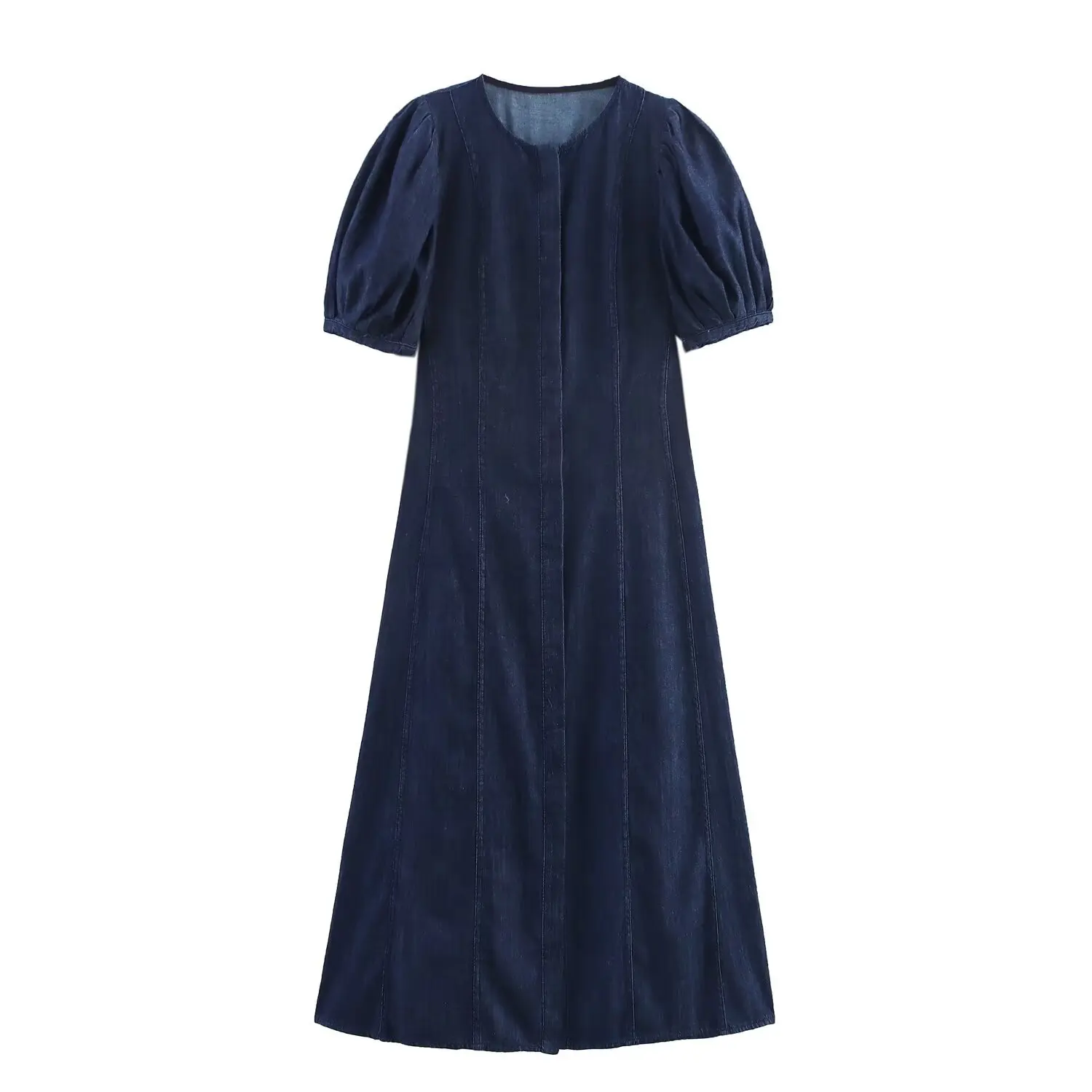 Robe en jean rétro pour femmes, manches bouffantes, manches courtes, col rond, Maxi, mode, Slim, droite, été