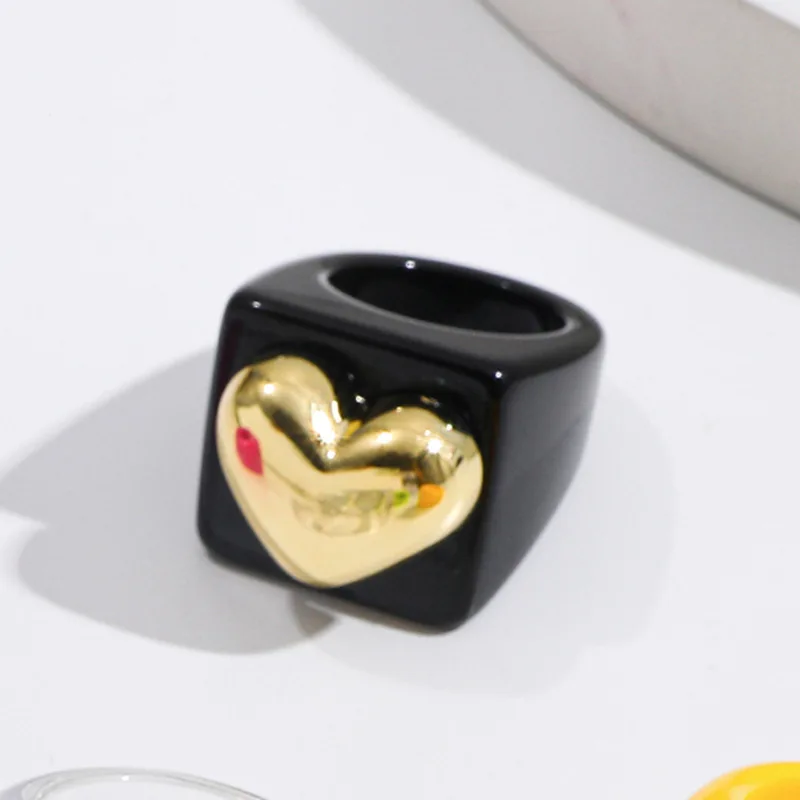 Harajuku Fashion Rainbow Colorful Resin Acrylic Geometric Metal Heart Ring For Women Party Sweet Aesthetic Jewelry Accessories