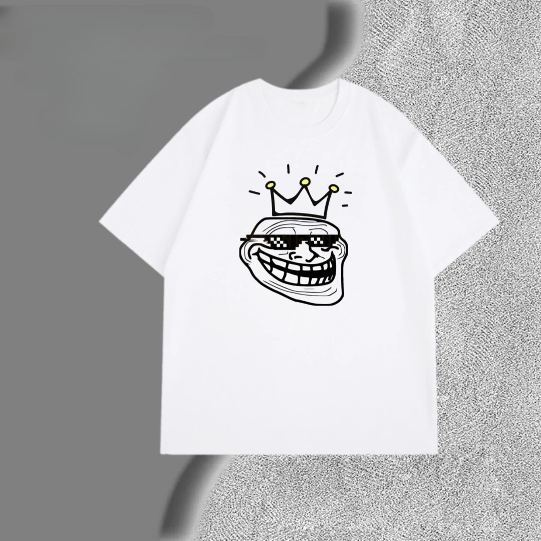 

2025 New Crown Parody Troll Face Parody Short Sleeved Funny Printed T-shirt Loose Men's and Women's Top