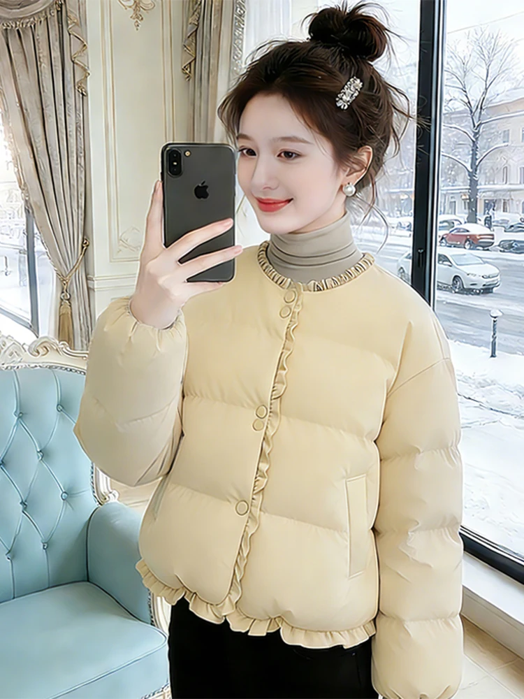 

Thiened Bread Sle down Jaet Women's Faionable Warm Cotton Coat Outerwear Korean Version Long Sve Collar Singl...