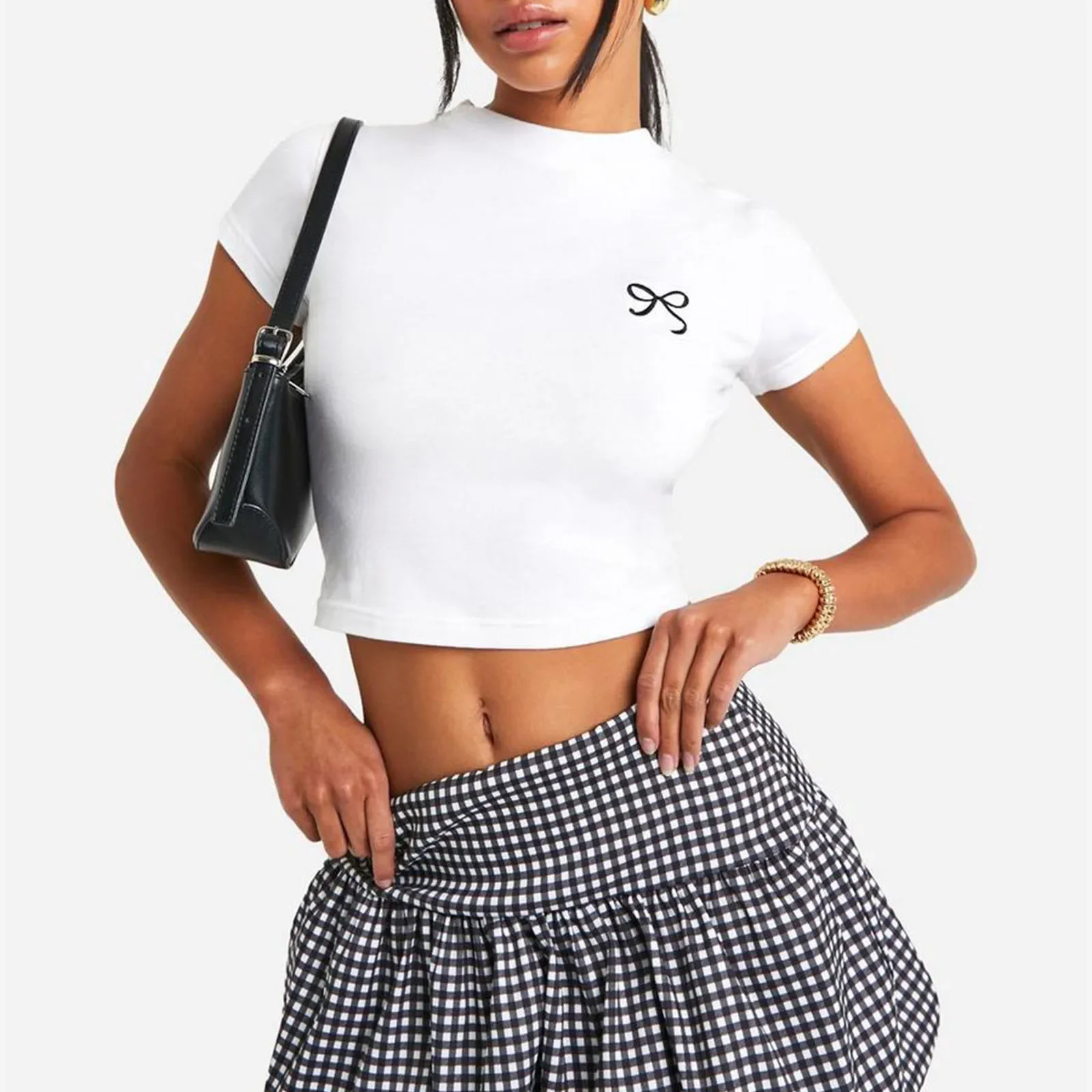 Women Summer Bubble Skirts Casual Plaid Print Elastic Mini A-Line Skirt for Beach Vacation Club Streetwear