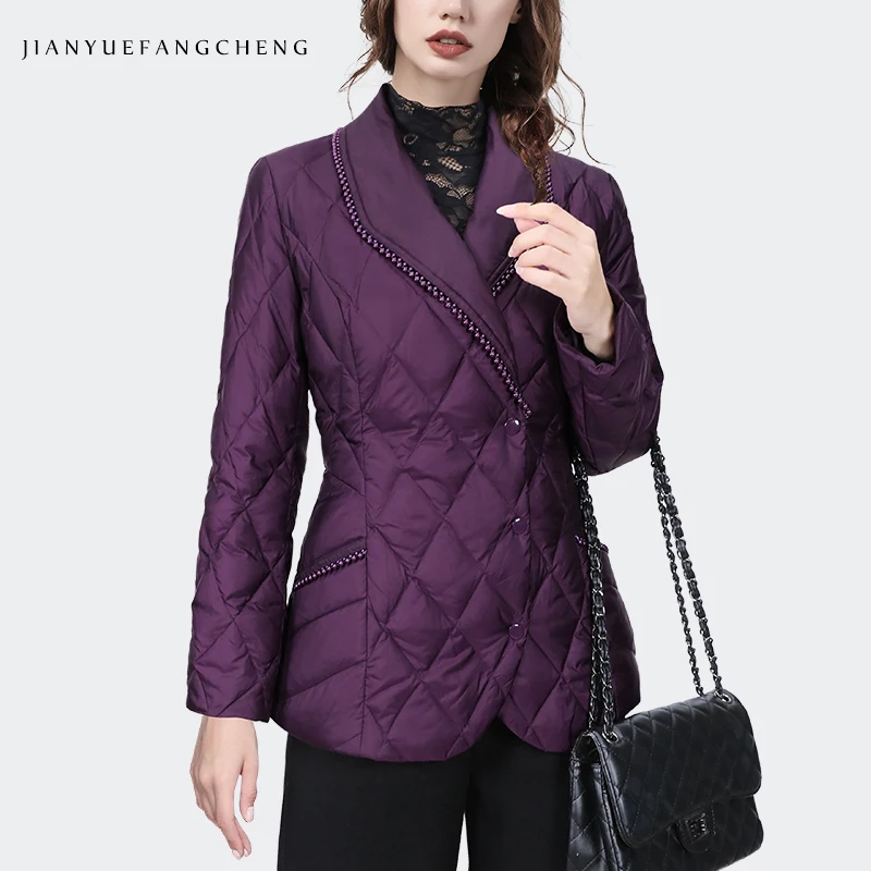 

Fashion Beaded Women Purple Down Jacket Warm Lightweight Winter Coat Long Sleeve Suit Collar Slim Short Lady Work Casual Jackets