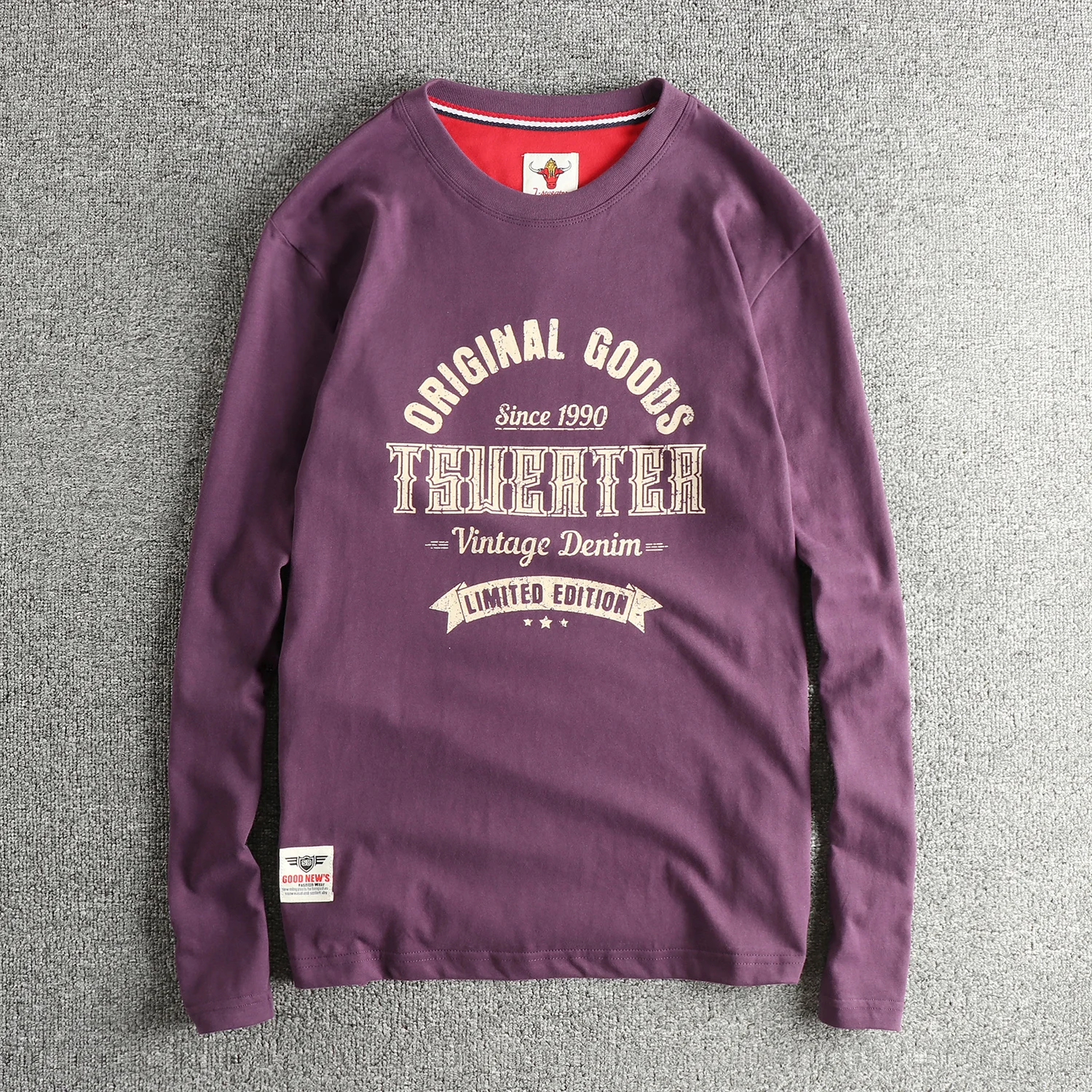 Autumn new retro letter long-sleeved T-shirt for men's furry cotton khaki trendy base shirt