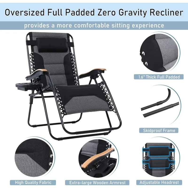 XXL Oversized Padded Zero Gravity Chair, Foldable Patio Recliner, 30" Wide Seat Anti Gravity Lounger with Cup Holder