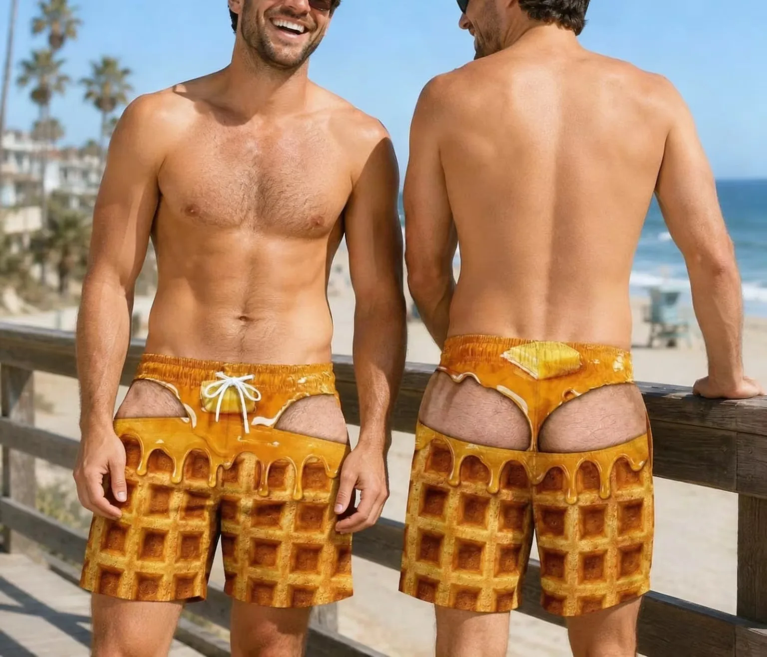 Funny Men Swim Trunks Waffle Honey Pattern Print Swim Shorts Illusion Swimwear Beach Shorts Gag Gift Novelty Summer Beach Shorts