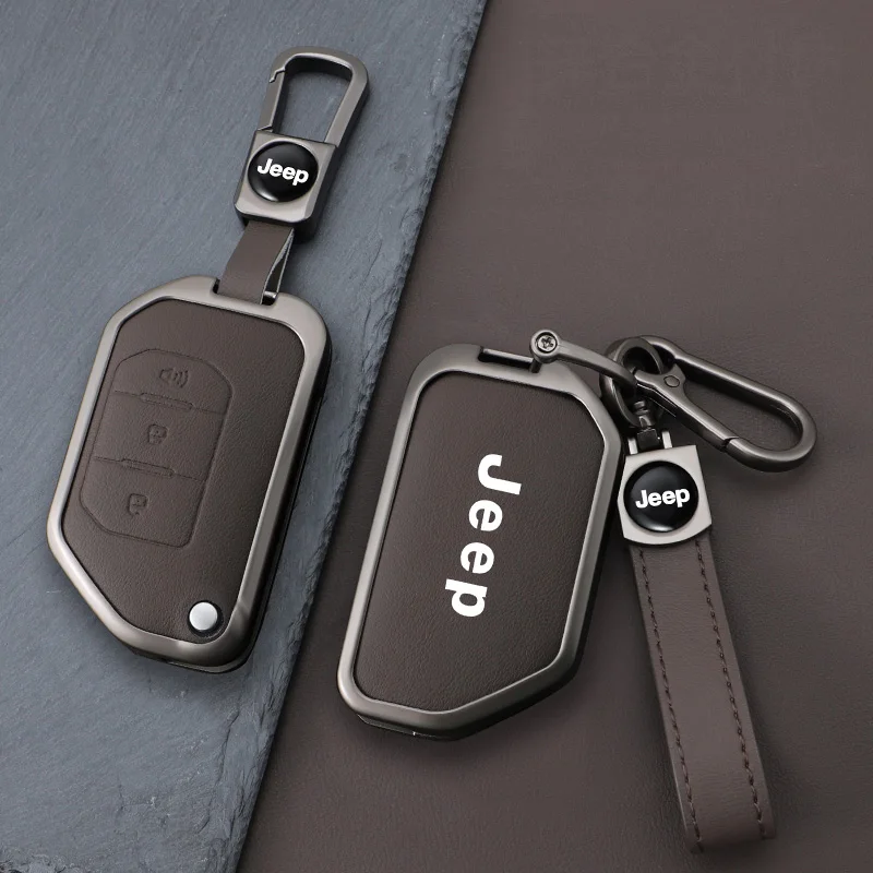 Zinc Alloy Leather 2 3 4 Button Flip Remote Car Key Cover Case Protection for Jeep Wrangler JL Rubicon Gladiator JT Sahara JLU