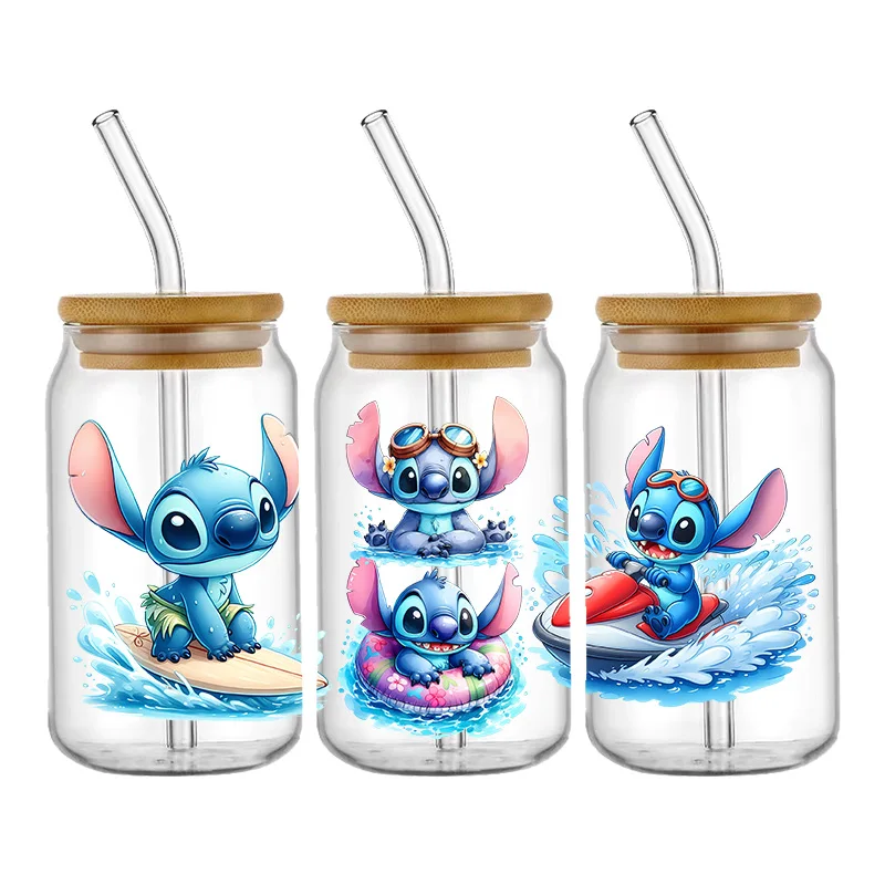 Stitch-envoltura de taza UV DTF, pegatinas de transferencia de vaso de lata de cerveza de vidrio, adhesivo permanente impermeable, dibujos animados