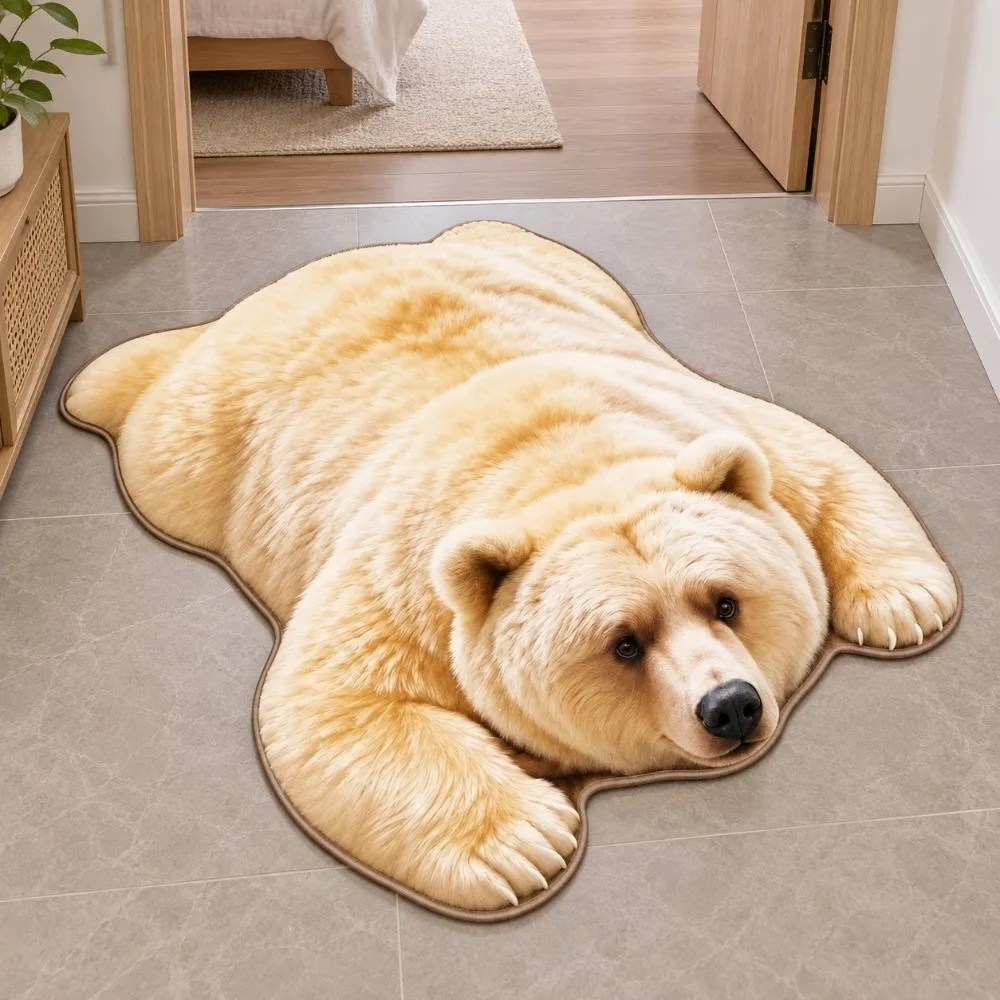 Faux Cashmere Bear Shape Area Rug Lifelike Washable Animal Shaped Floor Mat Non Slip Wear-resistant Bear Pattern Carpet