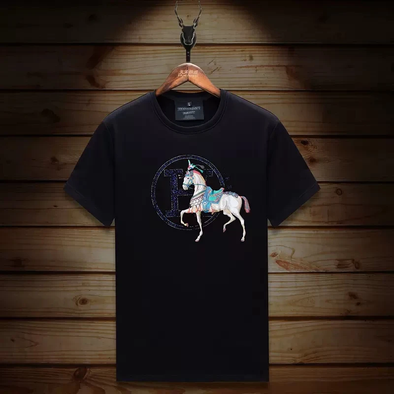 

Fashion Horse Diamonds T Shirt Women Clothing 2024 New Trend Summer O Neck Short Sleeve Slim Casual Ladies T-shirt Plus Size 6XL