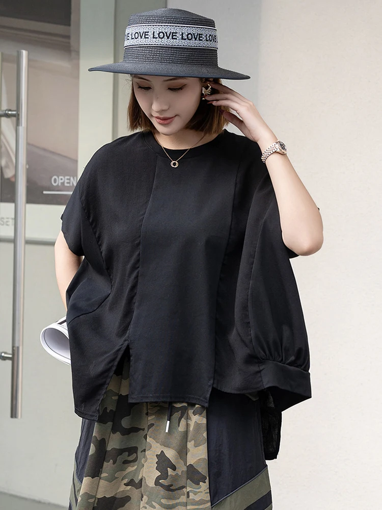 YERMORA Black Irregular Patchwork Brief Casual T-Shirt For Women O-Neck Short Sleeve Loose New Tops Fashion Spring Summer 2026