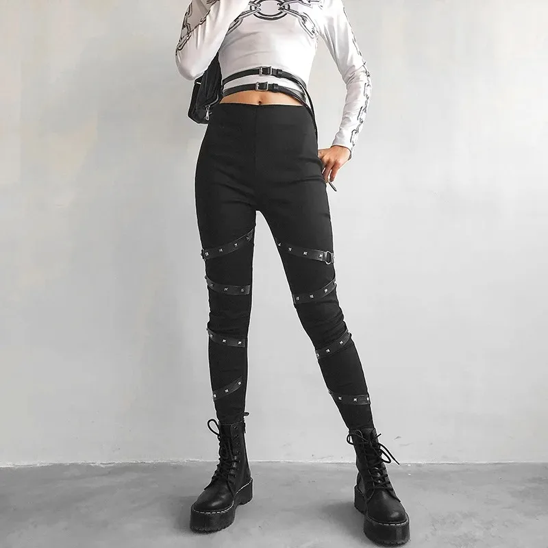 Gothic Pencil Pants Woman Black Rivet High Waist Slim Body Dark Goth Pant 2023 Women Punk Aesthetic Clothes Vintage Streetwears