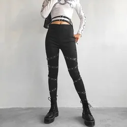 Gothic Pencil Pants Woman Black Rivet High Waist Slim Body Dark Goth Pant 2023 Women Punk Aesthetic Clothes Vintage Streetwears