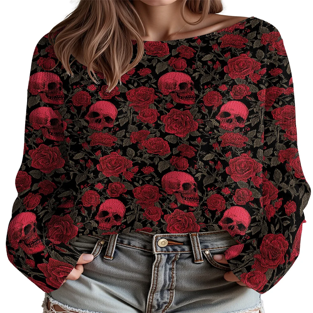 

Women's Sweater Halloween Skull Print Knitted Jumpers Female Long Sleeve Streetwear Pullover Tops 5