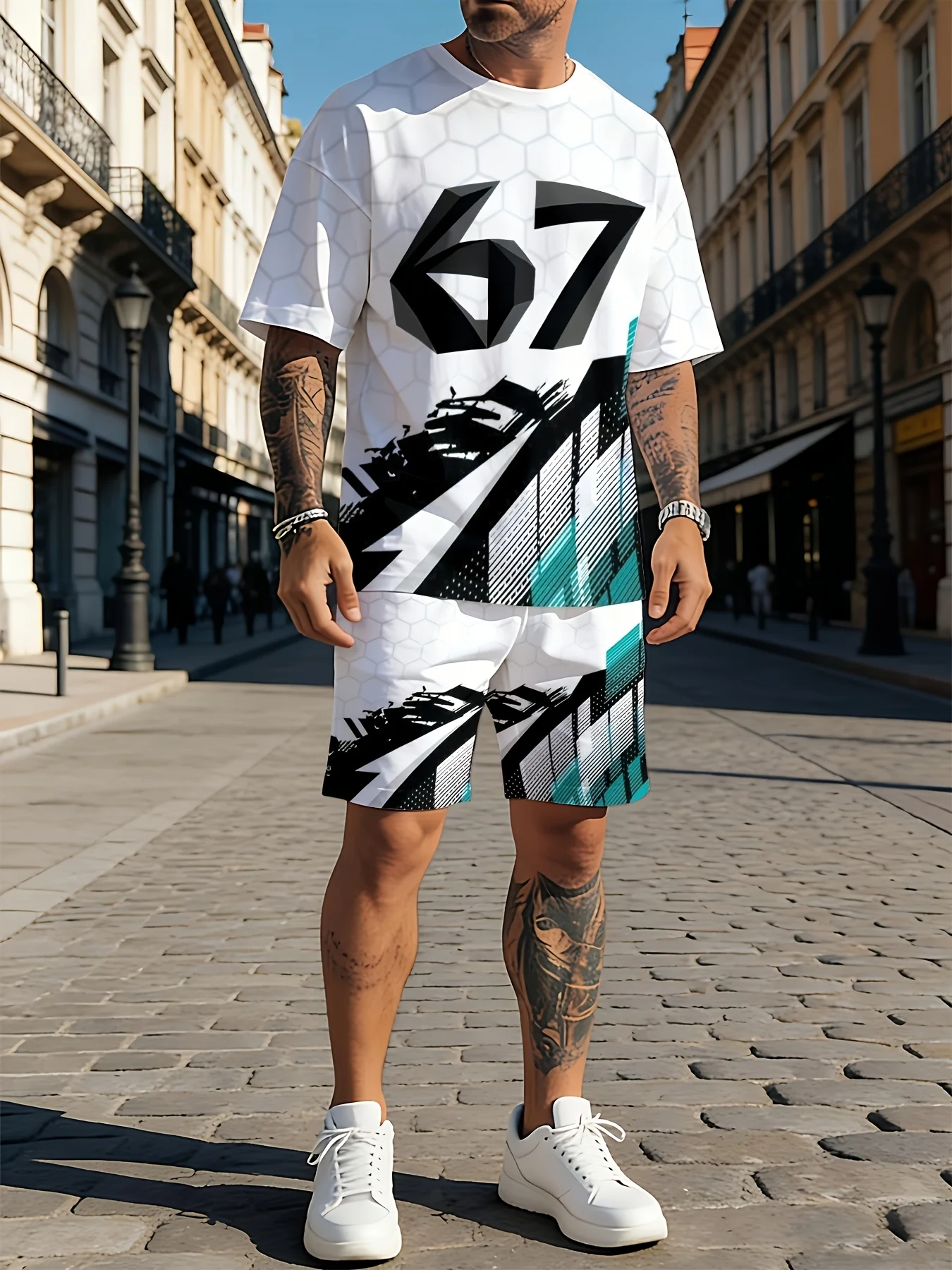 

Men's Summer Fashion Digital 67 Printed Comfortable Breathable Round Neck T-shirt Drawstring Shorts Set Outdoor Casual Wear