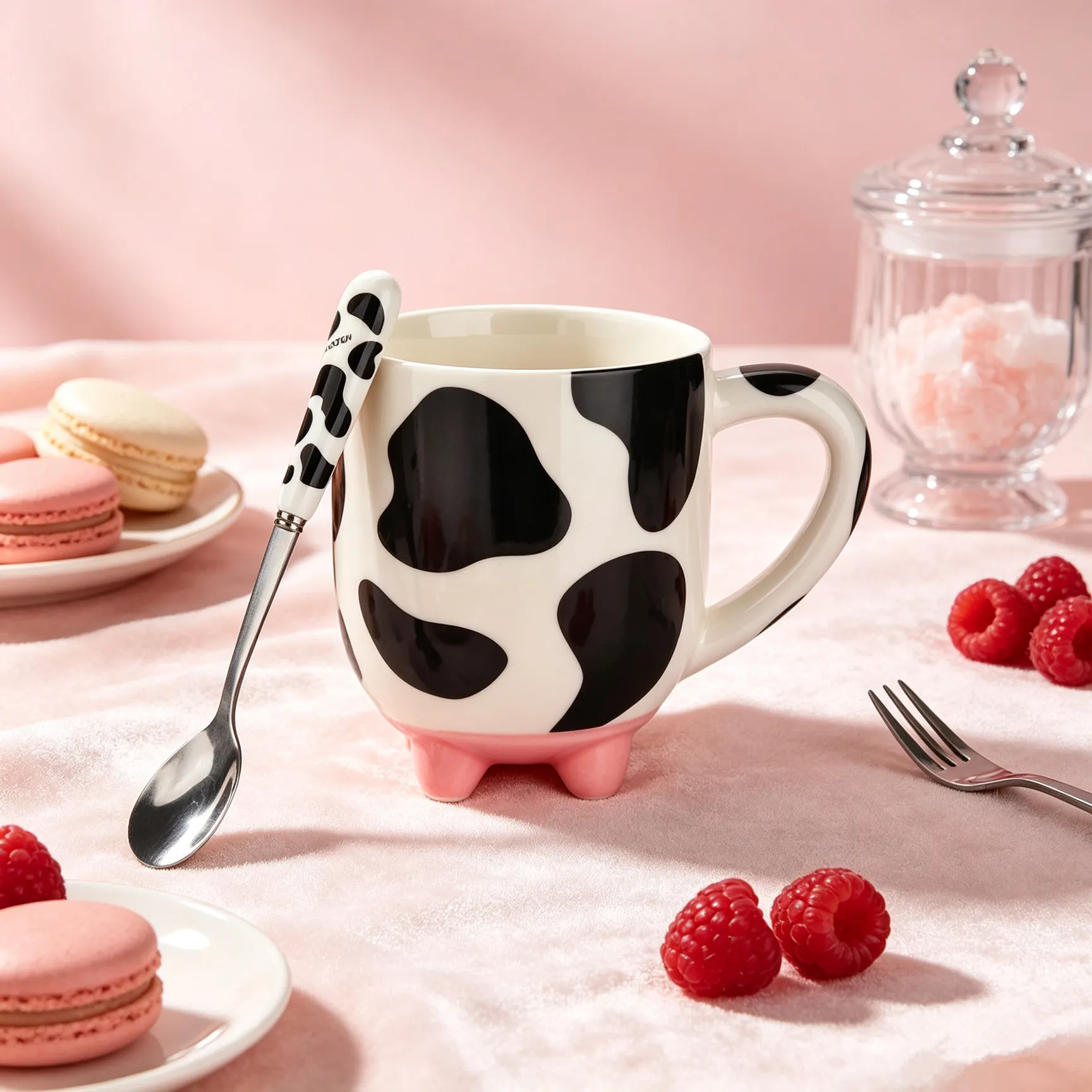 Cow Print Ceramic Mug with Cow Spoon 13oz Coffee Mug Cute Mugs Birthday Gifts for Women Milk Cup Water Cup Non-Slip Feet