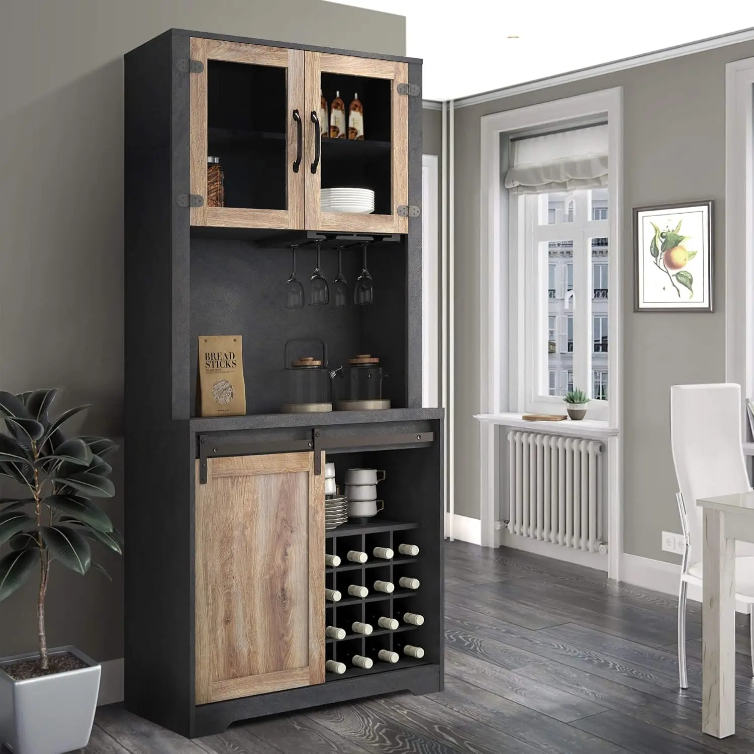 Armoire de bar à café de ferme Armoire de buffet de cuisine de 71 po de haut avec porte de grange coulissante et casier à vin et à verres, armoire à liqueurs avec rangement