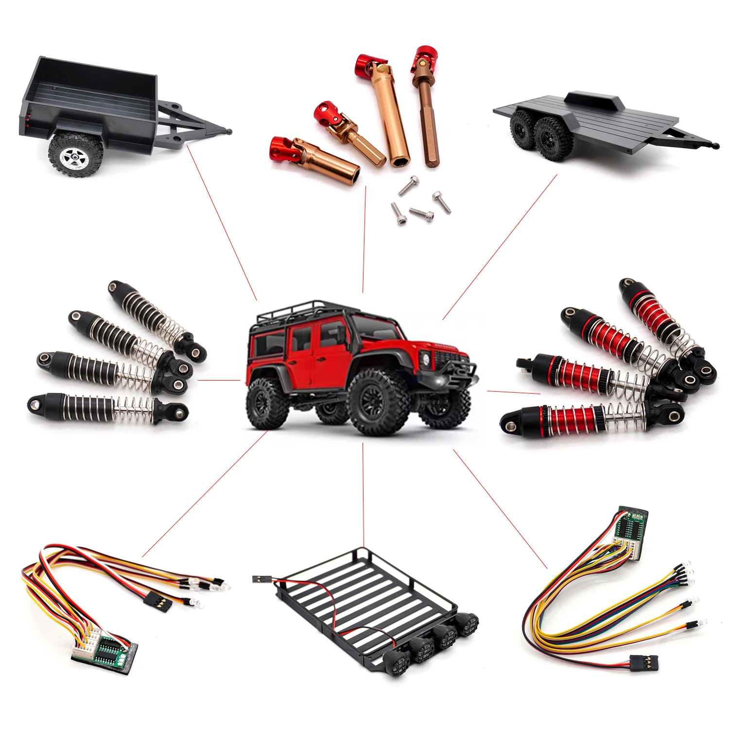 

RC Drive Shaft Shock Absorber ABS Utility Trailer With Hitch Luggage Rack LED For 1/18 RC Crawler Car TRX4M Upgrade Parts