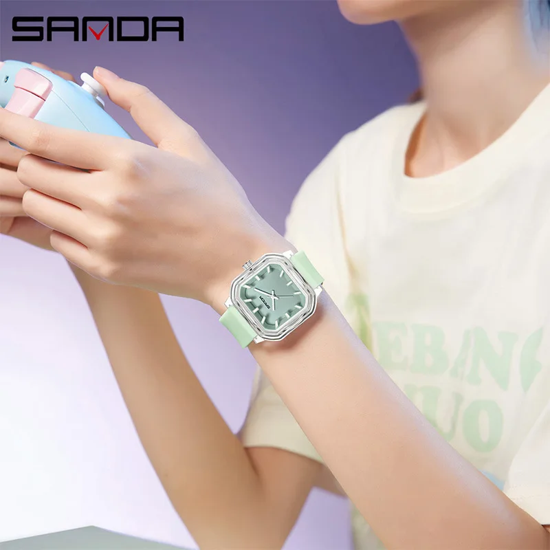 SANDA 9083 ساعة أطفال مربعة عصرية للجنسين 5ATM مقاومة للماء بحزام سيليكون ناعم خفيف الوزن 35 جرام ساعة كوارتز عادية بسيطة #5
