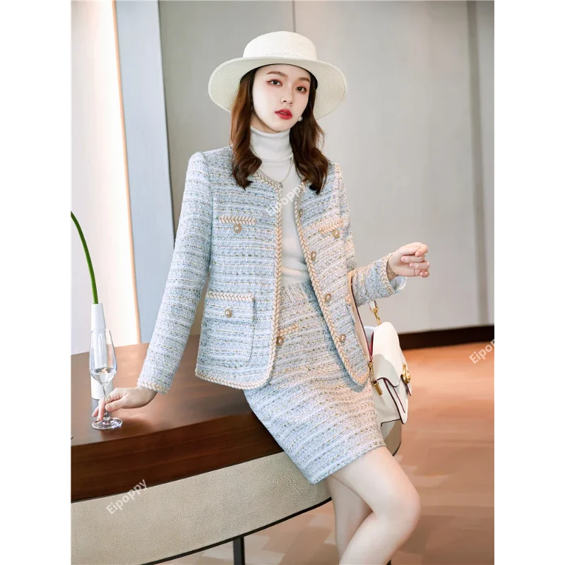 2024 New Women Vintage Skirt Suits High Quality French Small Jacket Coat Casual Fried Street Short Coat Plaid Outwear