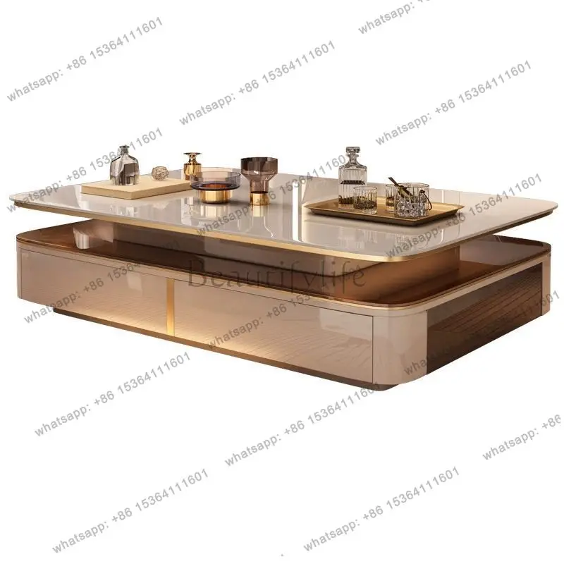 

PG light luxury coffee table living room home simple modern advanced glass tea table rock slab living room hollow double layer