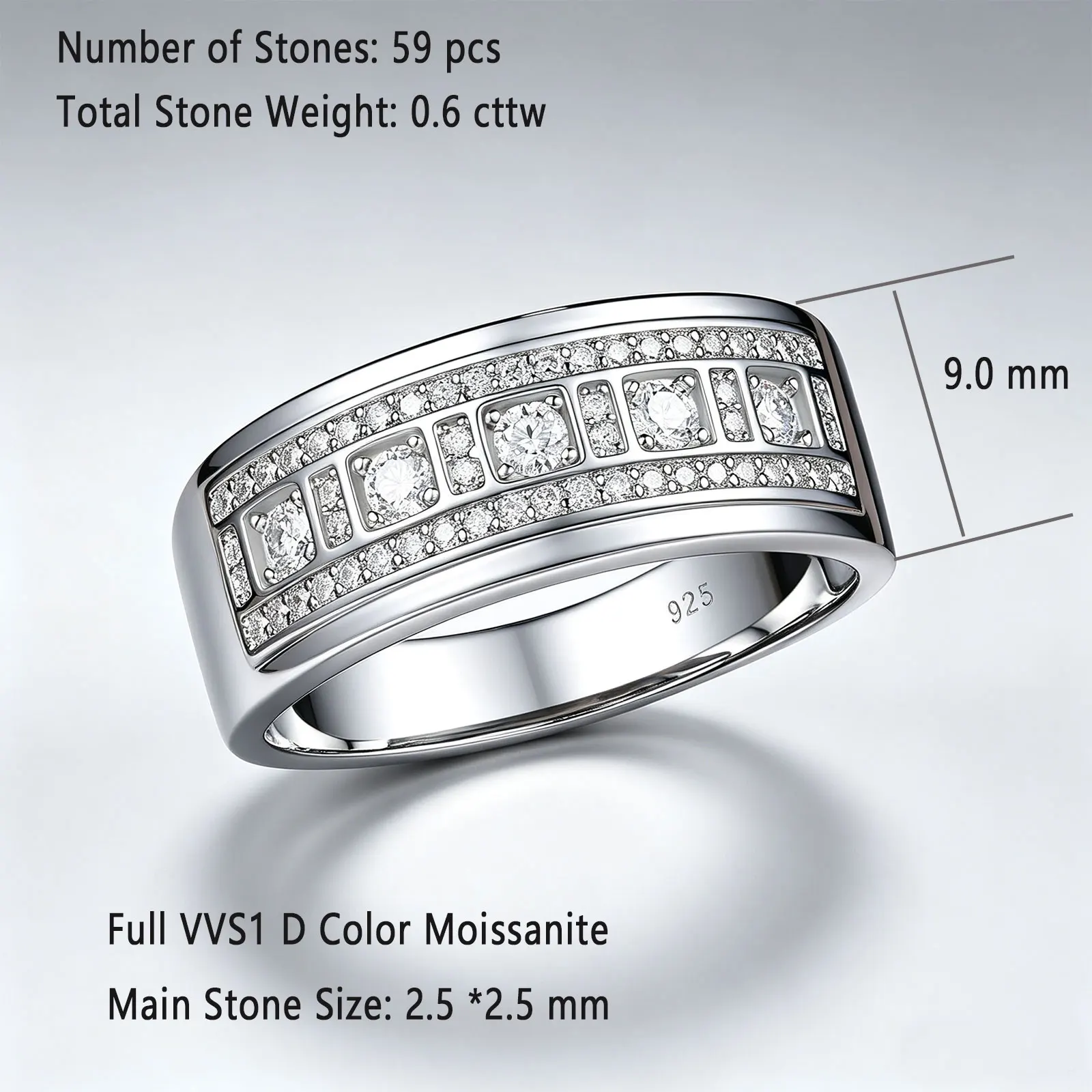 Newshe Mens Solid 925 Silver Moissanite Ring Channel Setting Full Stone Eternity Band Luxury Wedding Engagement Ring for Groom