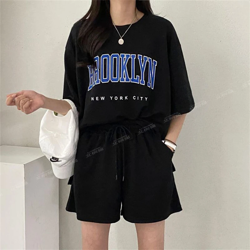 Two Piece Set for Women 2024 Summer Trendy Letter Print Oversized Short Sleeve T-shirt Casual Sports Joggers Beach Shorts Outfit