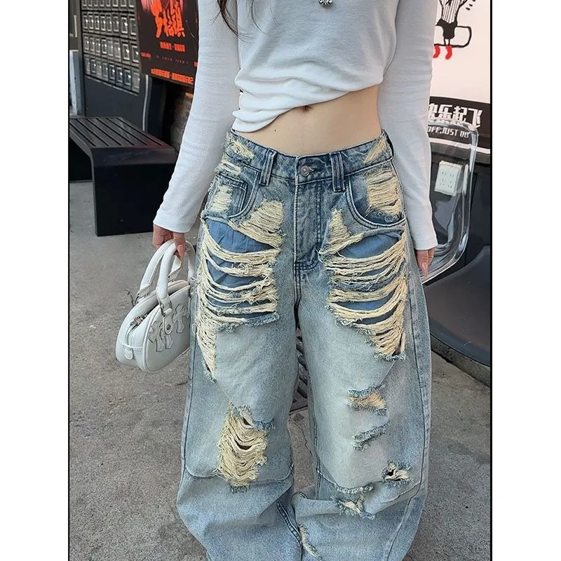 سراويل جينز ممزقة عصرية من Street Hottie Beggar للسيدات من High Street Retro فضفاضة ورقيقة واسعة الساق