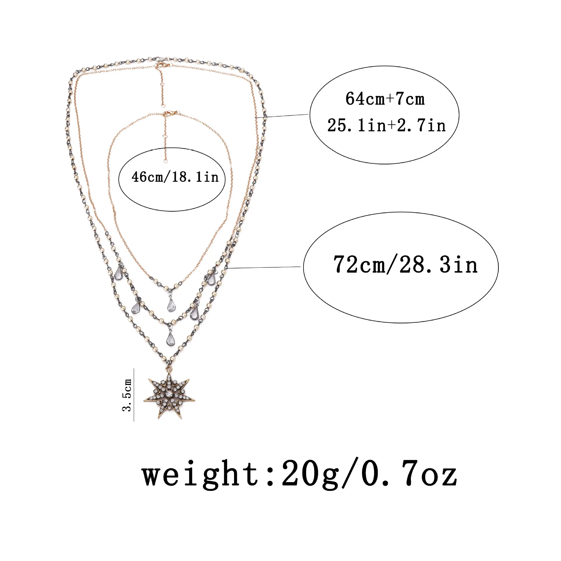 3Pcs/set Vintage Metal Beads Chains Rhinestone Star Pendant Necklaces for Women Fashion Holiday Party Jewelry Gifts