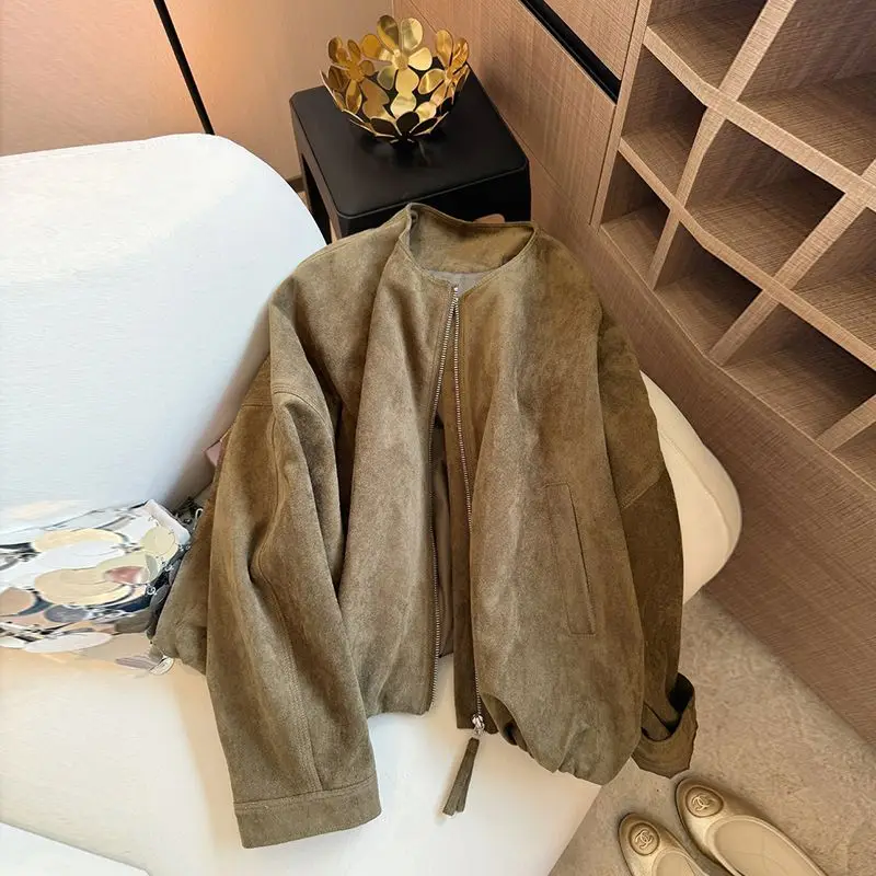 Retro Suede Zipper Short Jacket for Women in Autumn 2025 Loose Style Sweet and Cool Round Neck Coat Female Clothing