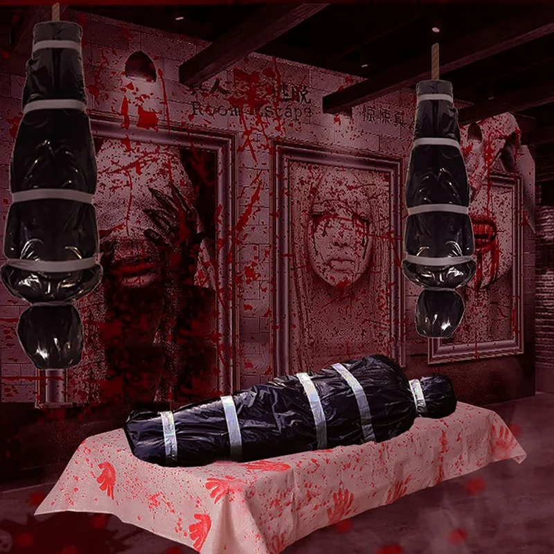 59Inch Halloween Corpse Props Set Yard Creepy Shroud Decoration Horror Bloody Bag Haunted House Hanging Decorations Durable B