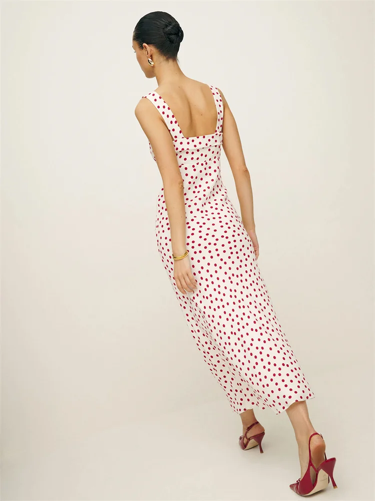 French Spaghetti Strap Dress Polka Dot Print Square Collar Wrap Slim Dress Women Sleeveless Summer 2024 Holiday Long vestidos