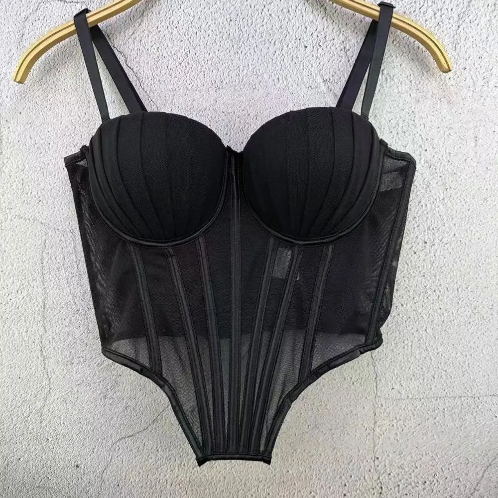 Spicy Girl Style Transparent Sling Camisole Sleeveless Slim fit Crop Tops Streetwear Fishbone Mesh Corset Ladies