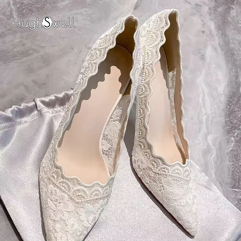 Mewah putih renda bordir hak tinggi sepatu pengantin wanita elegan ujung runcing desain merek Stiletto Pompa gaun pernikahan wanita Zapato