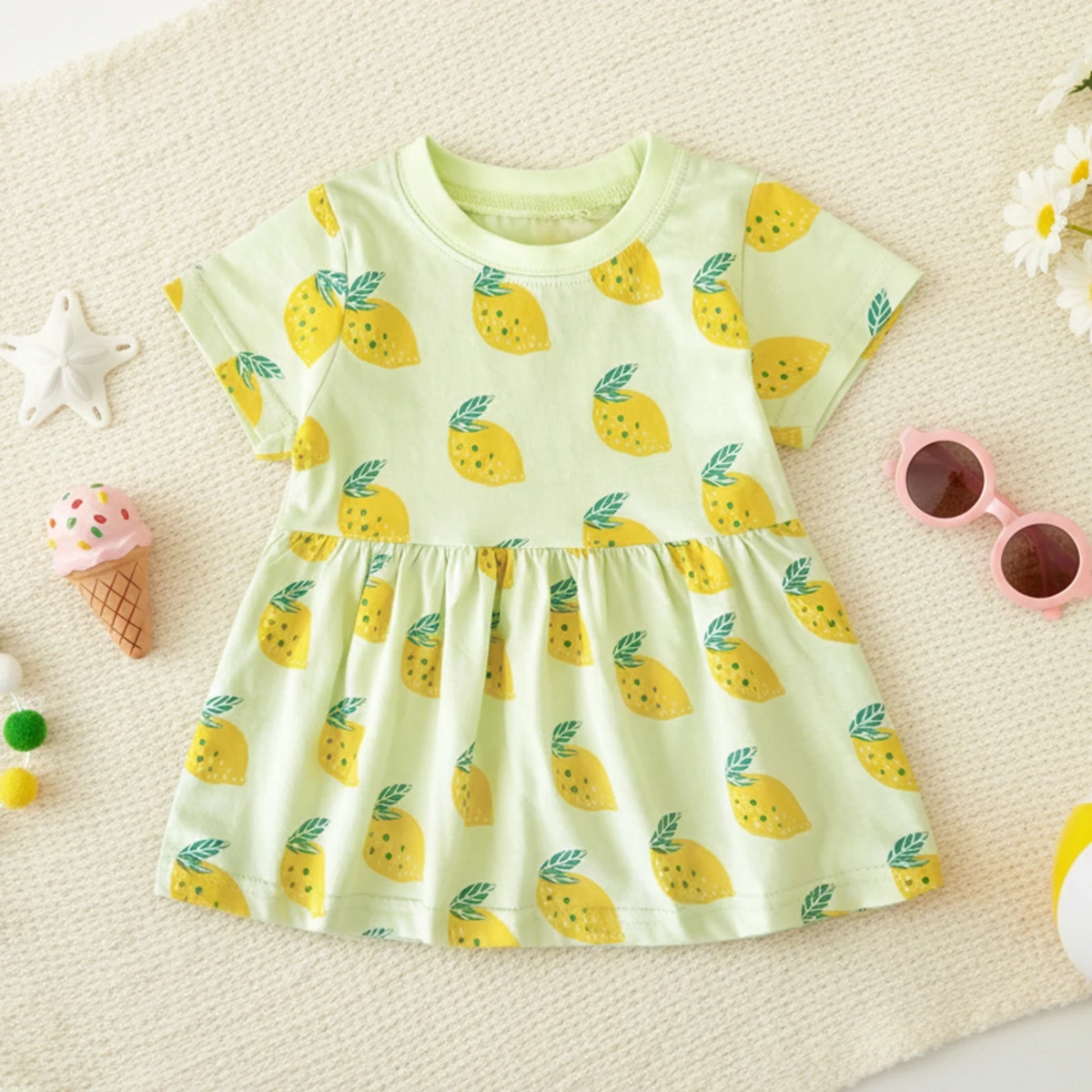 Short Sleeve Baby Summer Dress Kids GirlsFashion Cute Printing Holiday Dress