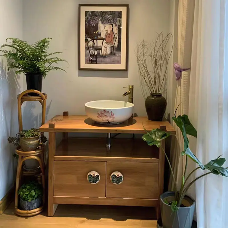 

Bathroom cabinet, log wind solid wood bathroom basin cabinet combination, floor-to-ceiling sink