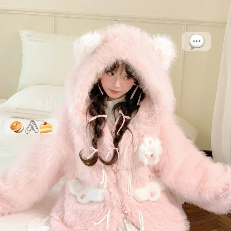 Sweet and Cute Cat Three-dimensional Animal Ear Soft Girl Hooded Girl Thickened Fleece Sweater Jacket for Warmth New Women' Wear