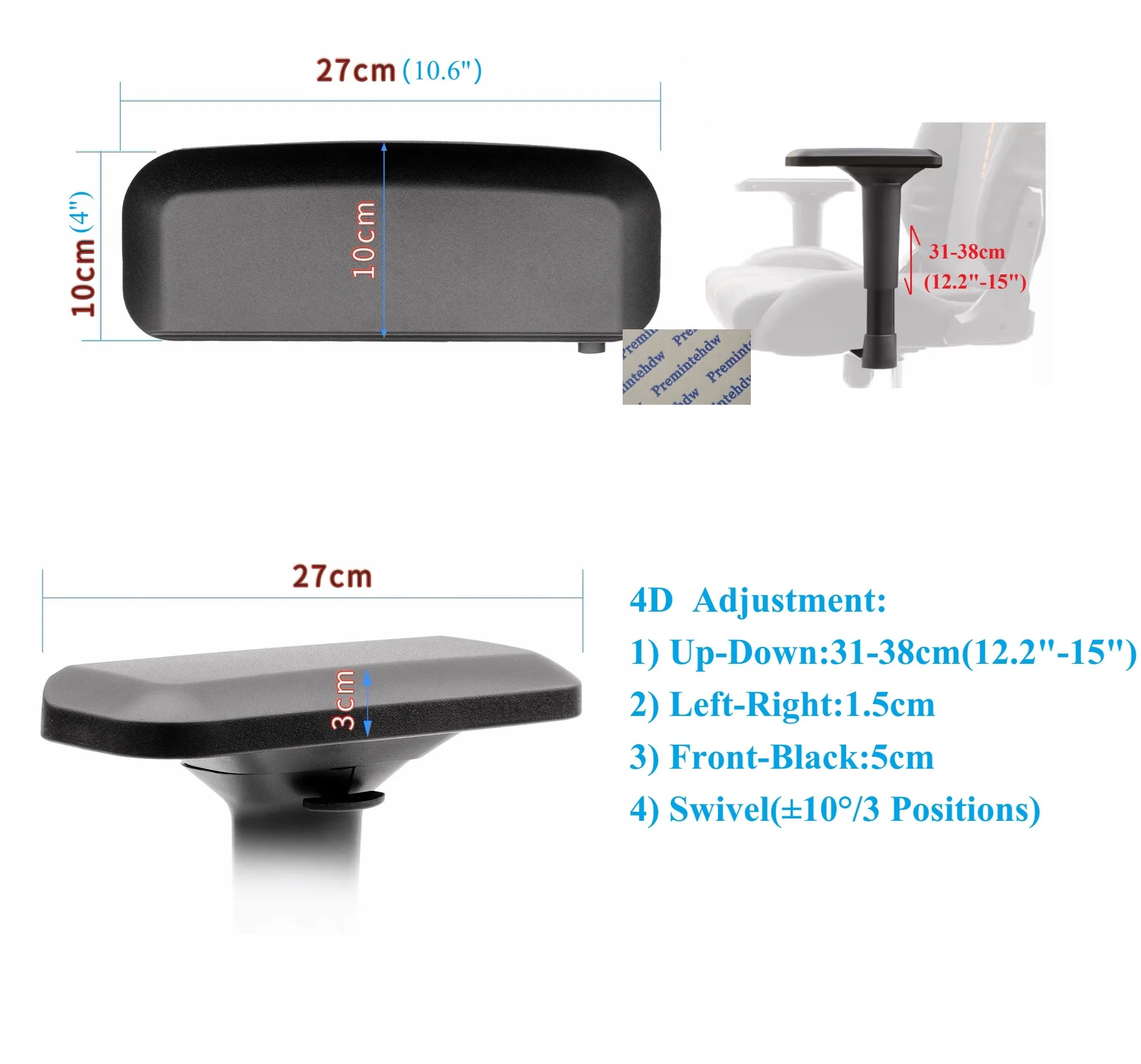 1Pair(1Left+1Right) 4 Dimesions Adjustable T Arm Handrest Replacement For Gaming Chair Stool image 3