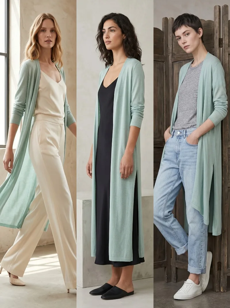 

Autumn Women Mid-Length Ice Silk Knitted Cardigan Loose Sun Protection Open Front Outerwear Lightweight Casual Coat Thin Shawl