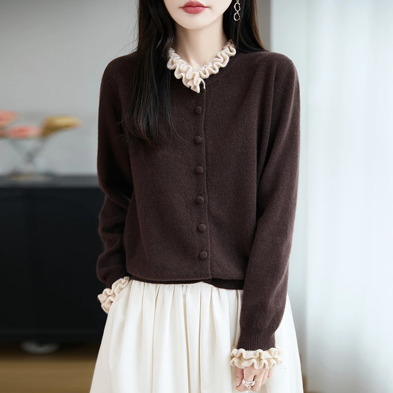 

European and American trend women's knitted O-neck cardigan sweater autumn and winter coat new women's 100% Australian wool swea