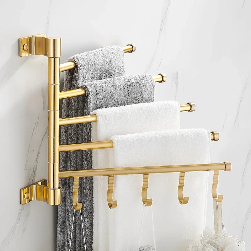 Golden Light Luxury Aluminum Wall Mounted Rotating Towel Rack Bath Rail Hanger Towel Holder Bathroom Accessories Storage Rack