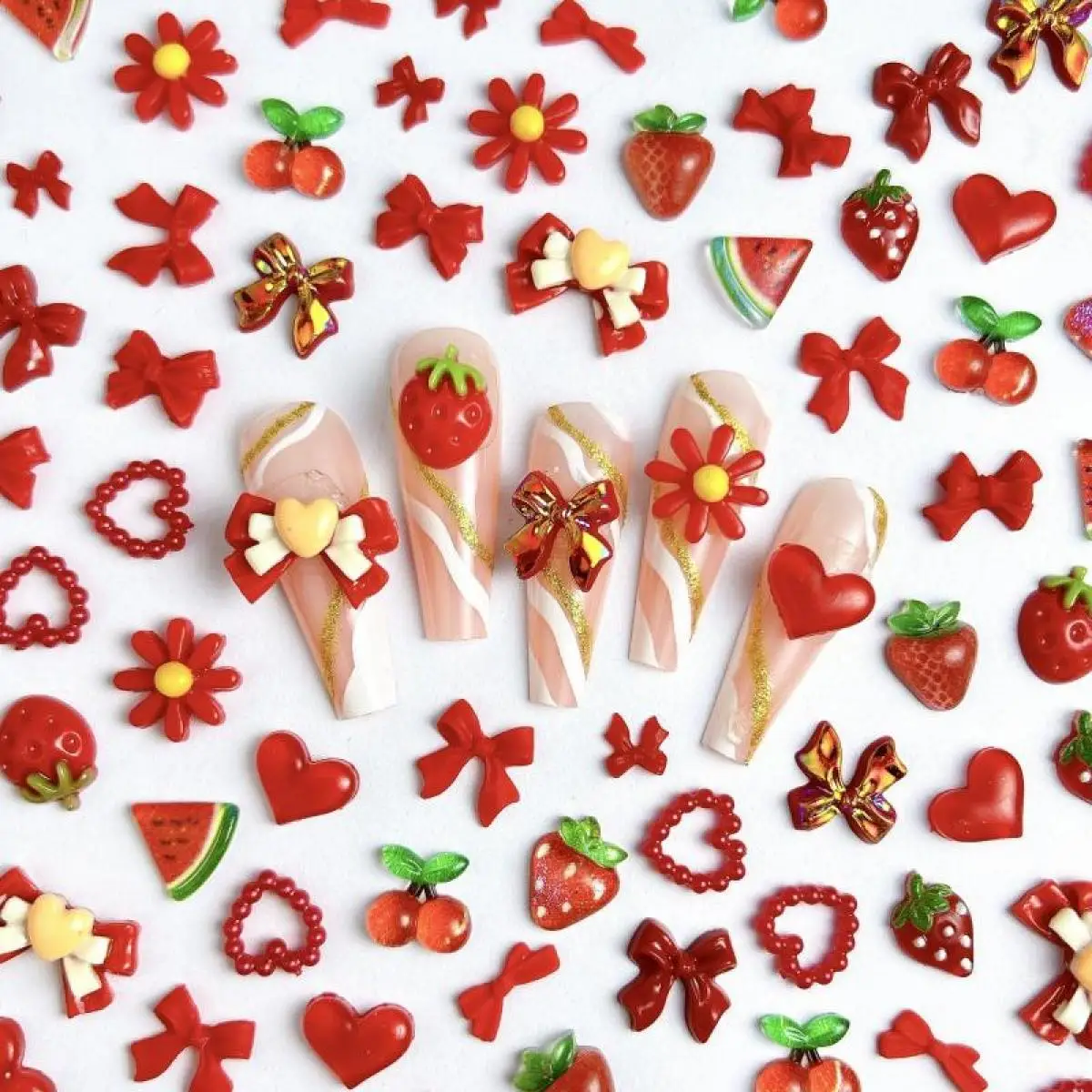 100PCS Mixed 3D Resin Red Series Nail Charms Kawaii Strawberry Bow Flower Watermelon Cherry Nail Art Decoration Accessories
