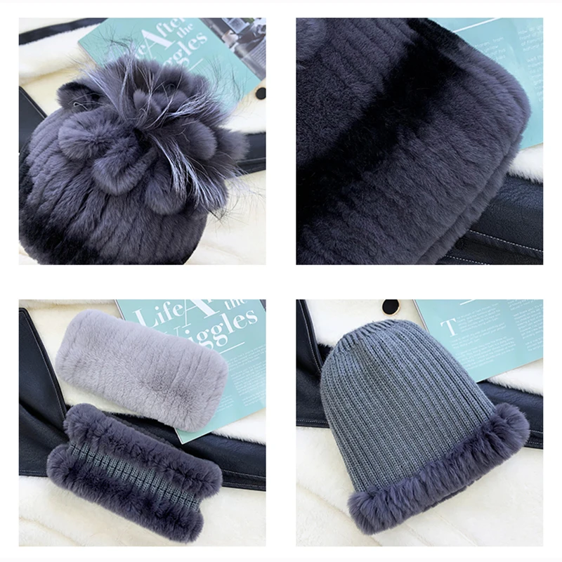 Fashion Lady Thick Rex Rabbit Fur Hat Winter Knitted 100% Natural Fur Hats Scarves Sets Women Warm Real Rex Rabbit Fur Scarves