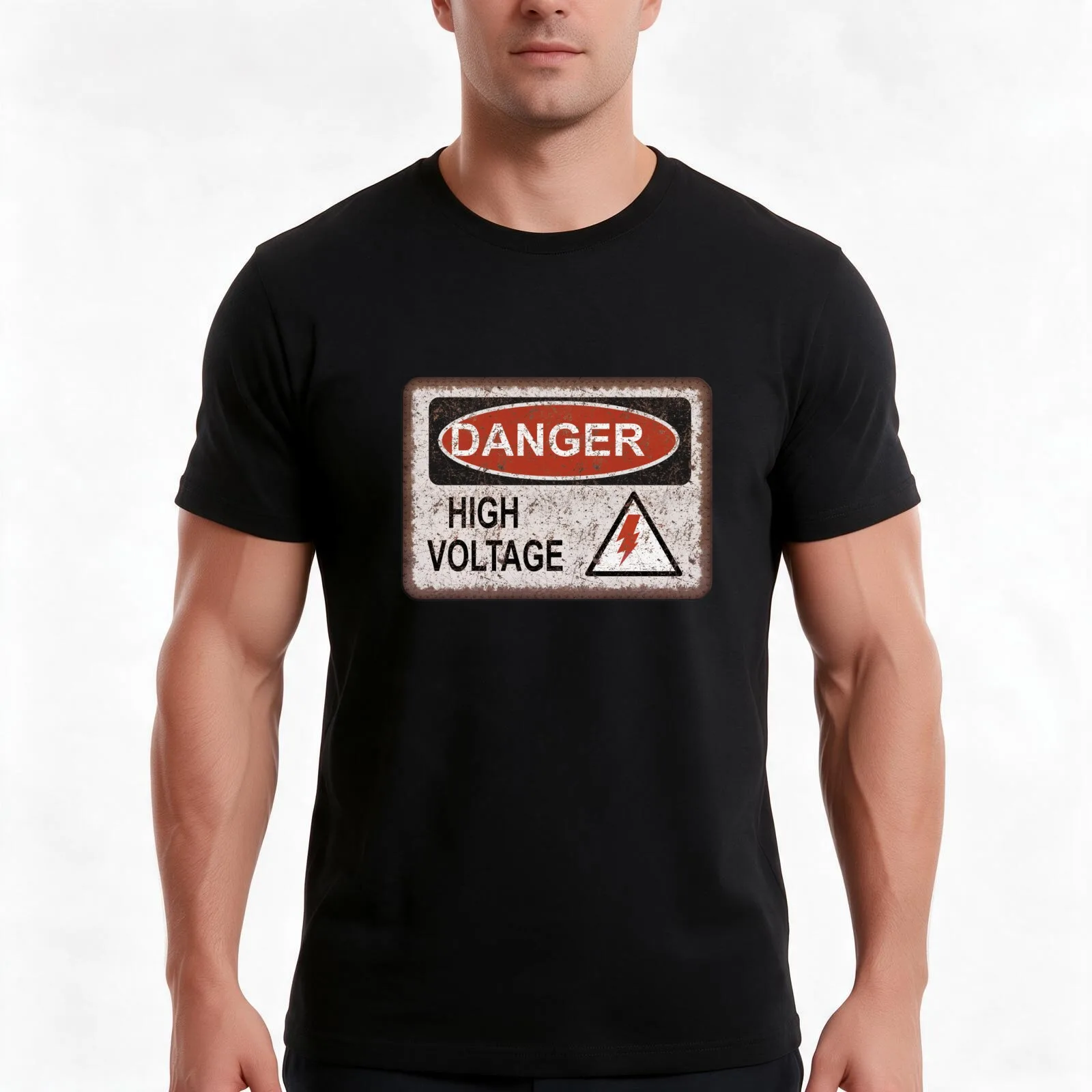 Danger! High Voltage. Old rusty sign. Retro, Vintage. T-Shirt, Summer Casual Cotton Tee, Oversized Streetwear Tops, 100% Cotton