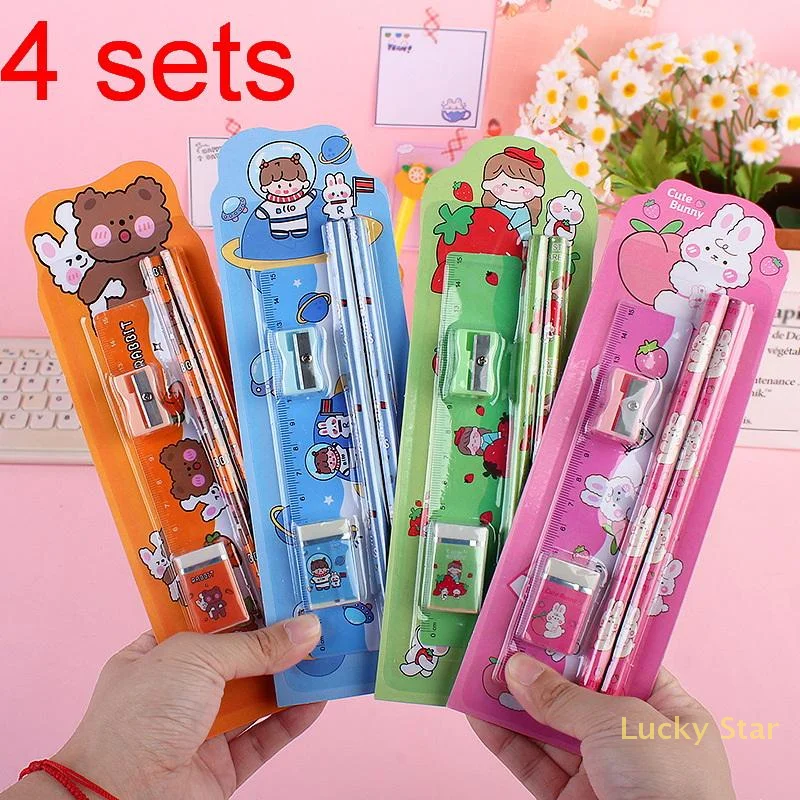 

4 Sets Pencil Ruler Eraser Pencil Sharpener Kawaii Children School Cute Cartoon Stationery Set Scrapbook Supplies Set For Gifts